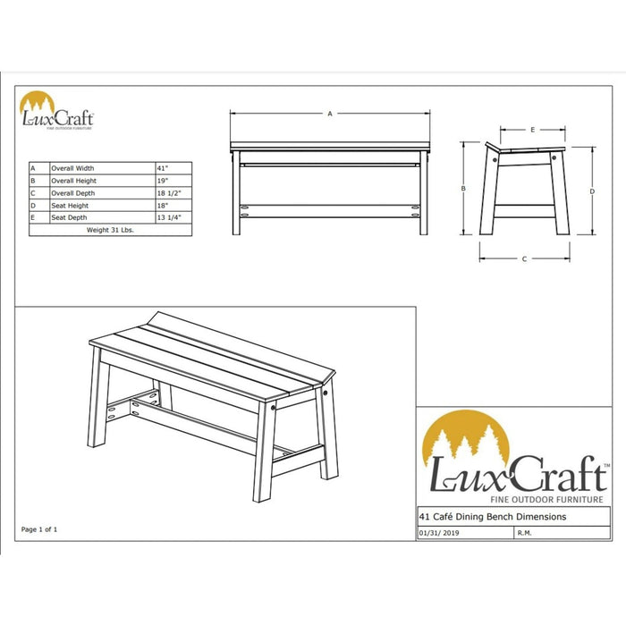 LuxCraft 41" Café Dining Bench