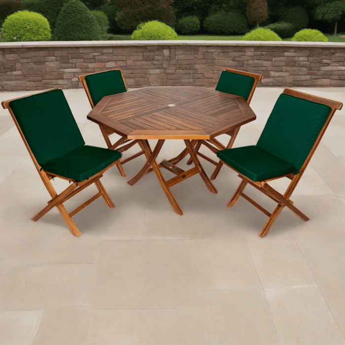 All Things Cedar 5-Piece 4-ft Teak Octagon Folding Table Set with Green Cushions TT5P-O-G