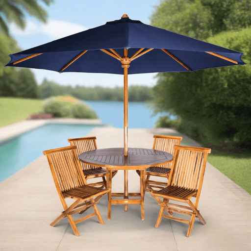 All Things Cedar 6-Piece 4-ft Teak Round Folding Table Set with Blue Umbrella TT6P-R-B
