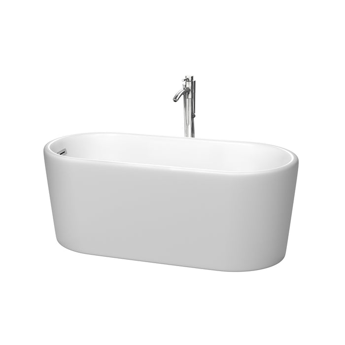 Wyndham Collection Ursula 59 Inch Freestanding Bathtub in Matte White with Floor Mounted Faucet, Drain and Overflow Trim