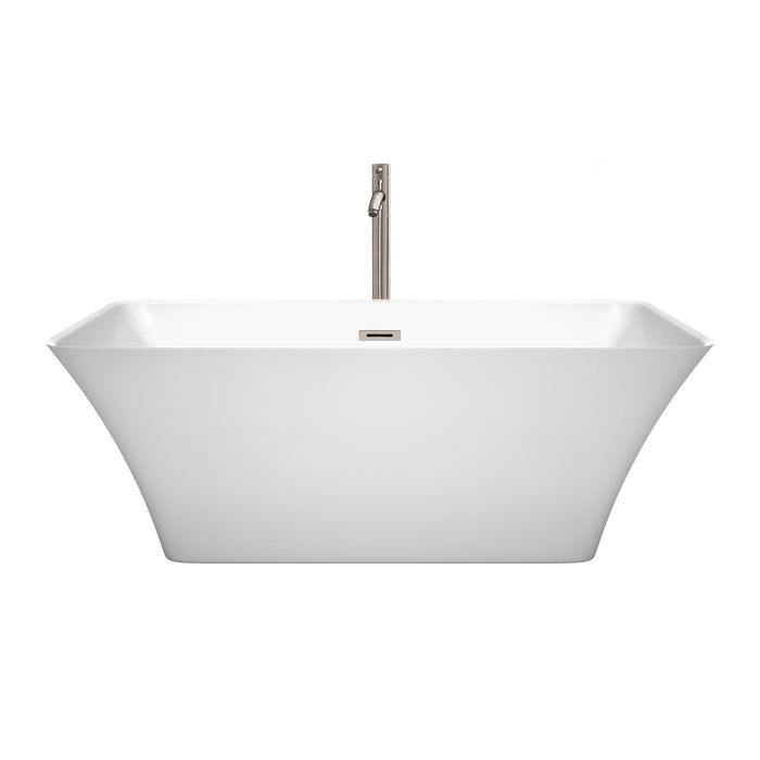 Wyndham Collection Tiffany 59 Inch Freestanding Bathtub in White with Floor Mounted Faucet, Drain and Overflow Trim