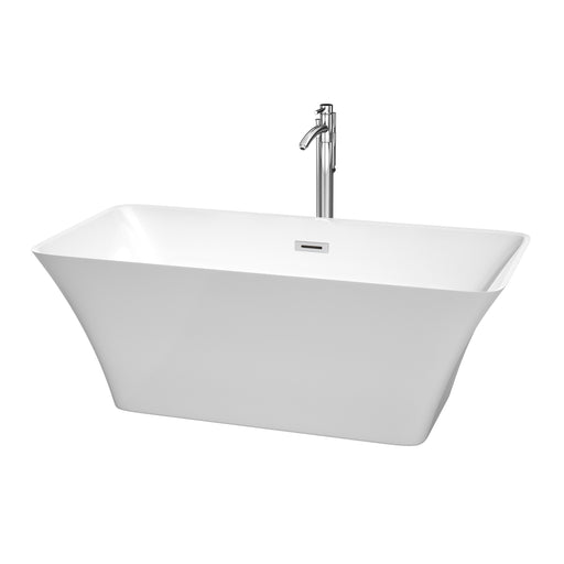 Wyndham Collection Tiffany 59 Inch Freestanding Bathtub in White with Floor Mounted Faucet, Drain and Overflow Trim