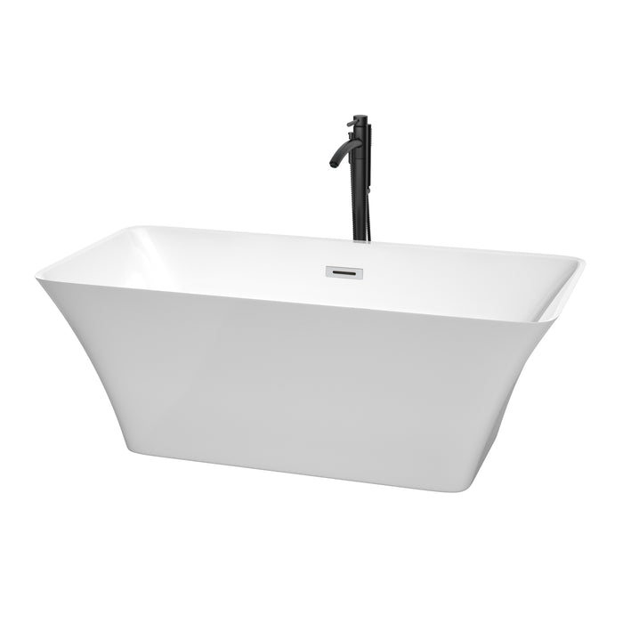 Wyndham Collection Tiffany 59 Inch Freestanding Bathtub in White with Polished Chrome Trim and Floor Mounted Faucet