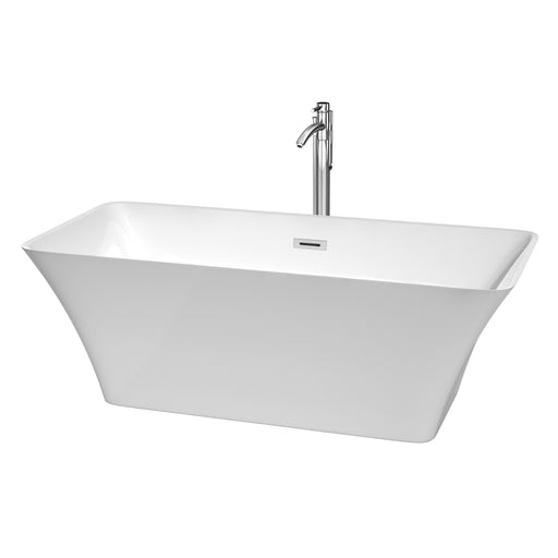 Wyndham Collection Tiffany 67 Inch Freestanding Bathtub in White with Floor Mounted Faucet, Drain and Overflow Trim