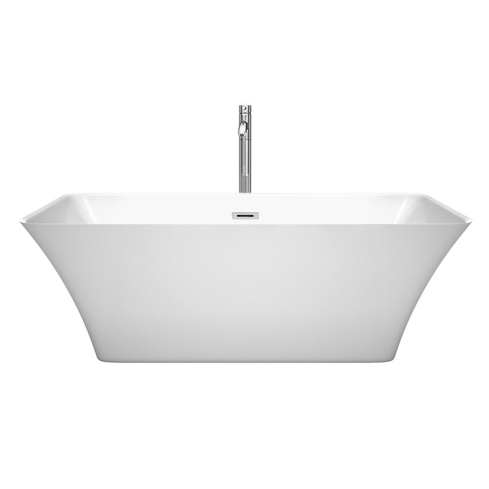 Wyndham Collection Tiffany 67 Inch Freestanding Bathtub in White with Floor Mounted Faucet, Drain and Overflow Trim