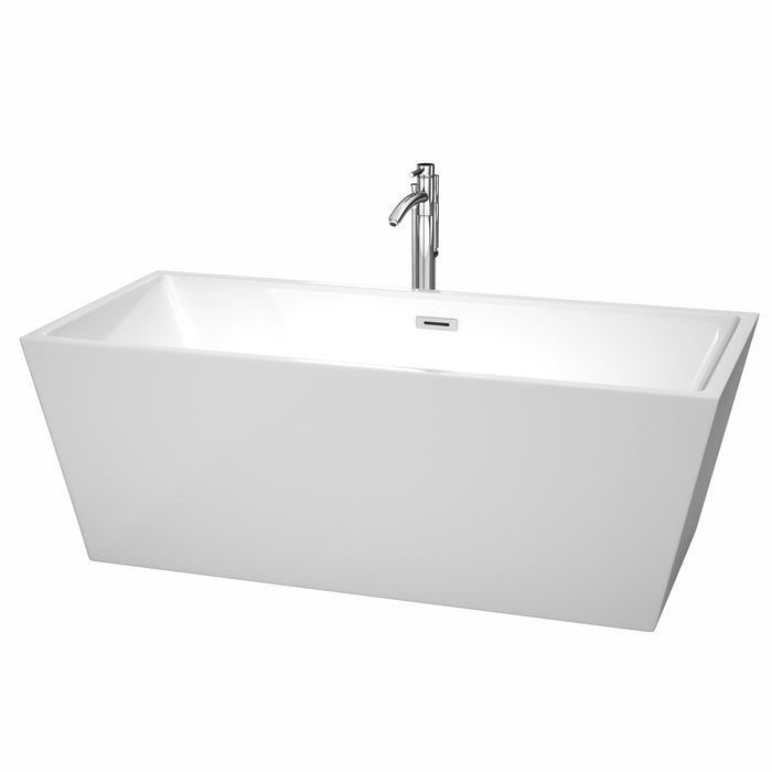 Wyndham Collection Sara 67 Inch Freestanding Bathtub in White with Floor Mounted Faucet, Drain and Overflow Trim