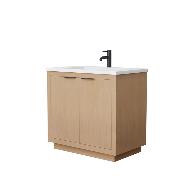 Wyndham Collection Maroni 36 Inch Single Bathroom Vanity in Light Straw, 1.25 Inch Thick Matte White Solid Surface Countertop, Integrated Sink