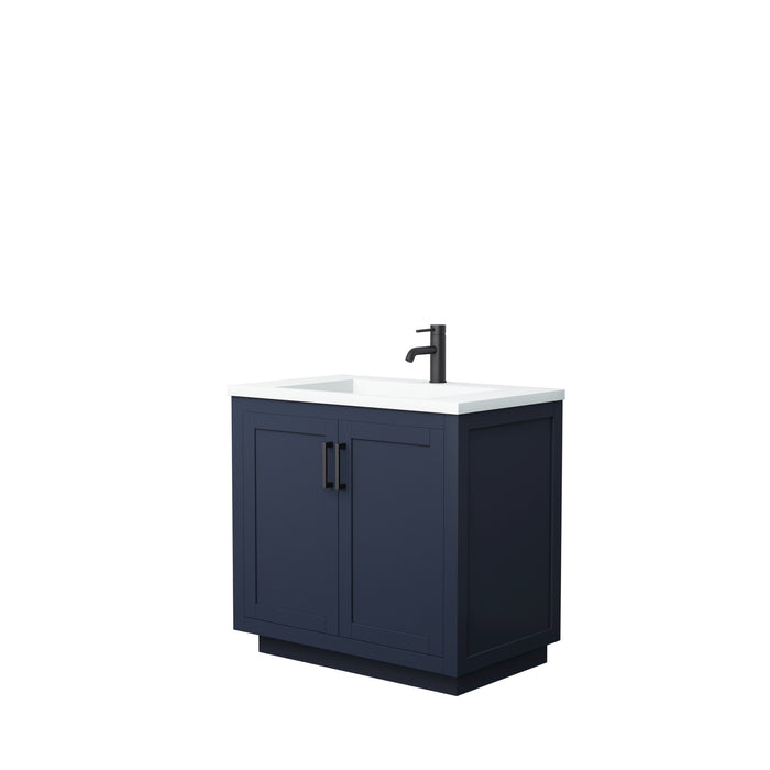 Wyndham Collection Miranda 36 Inch Single Bathroom Vanity in Dark Blue, 1.25 Inch Thick Matte White Solid Surface Countertop, Integrated Sink