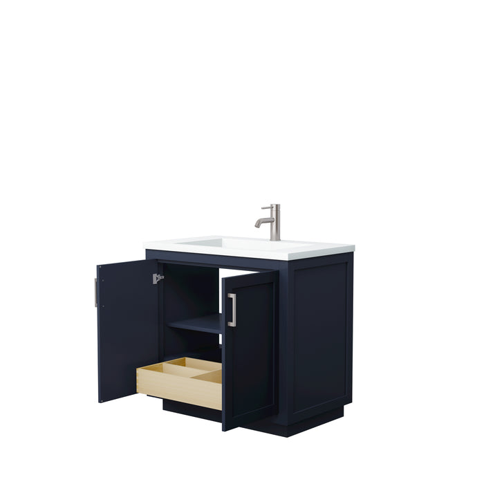 Wyndham Collection Miranda 36 Inch Single Bathroom Vanity in Dark Blue, 1.25 Inch Thick Matte White Solid Surface Countertop, Integrated Sink