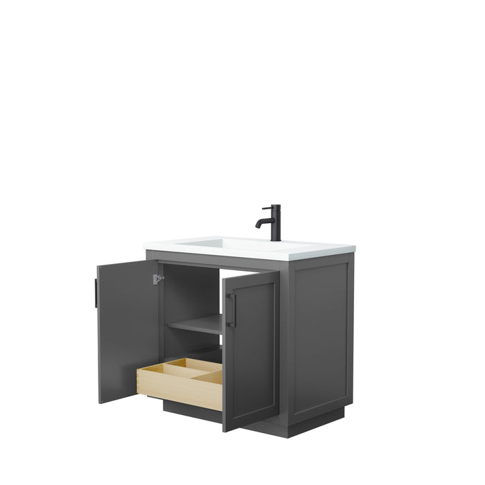 Wyndham Collection Miranda 36 Inch Single Bathroom Vanity in Dark Gray, 1.25 Inch Thick Matte White Solid Surface Countertop, Integrated Sink