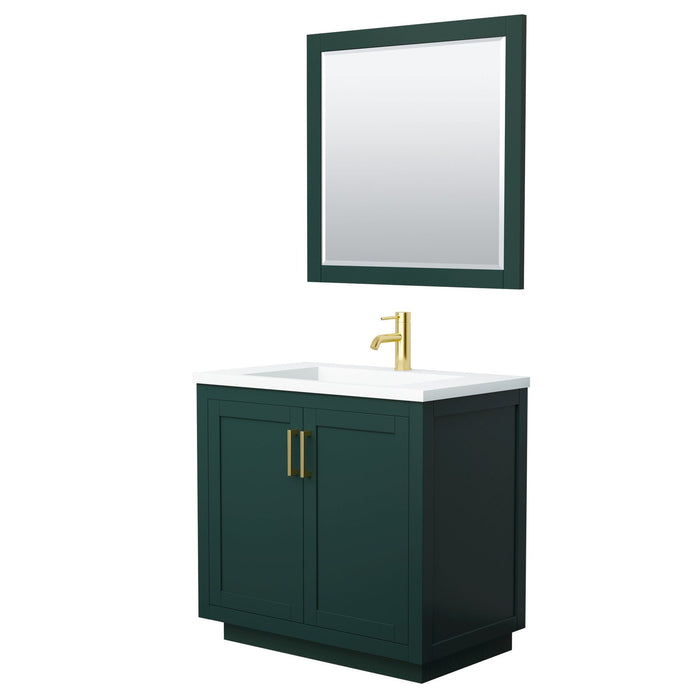 Wyndham Collection Miranda 36 Inch Single Bathroom Vanity in Green, 1.25 Inch Thick Matte White Solid Surface Countertop, Integrated Sink