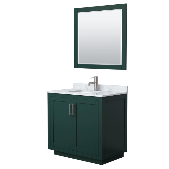 Wyndham Collection Miranda 36 Inch Single Bathroom Vanity in Green, White Carrara Marble Countertop, Undermount Square Sink