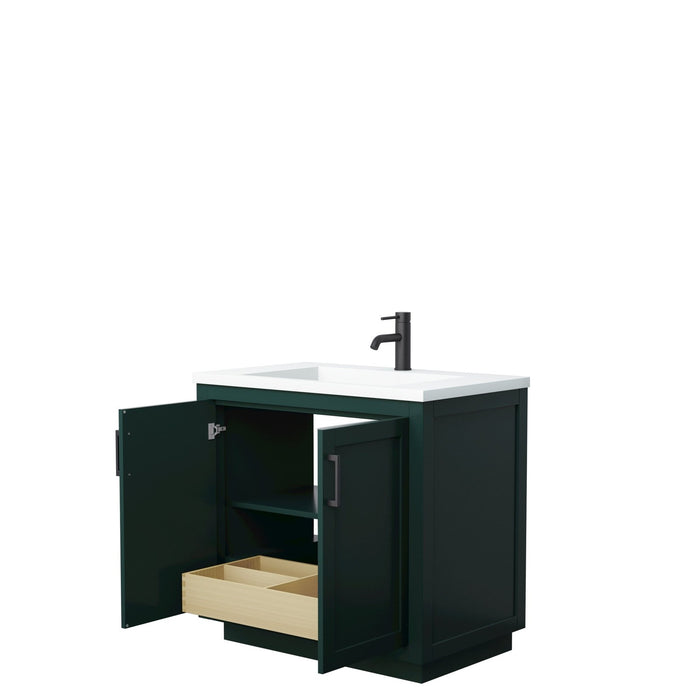 Wyndham Collection Miranda 36 Inch Single Bathroom Vanity in Green, 1.25 Inch Thick Matte White Solid Surface Countertop, Integrated Sink