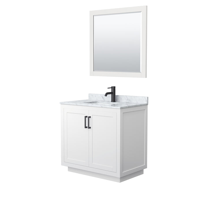 Wyndham Collection Miranda 36 Inch Single Bathroom Vanity in White, White Carrara Marble Countertop, Undermount Square Sink