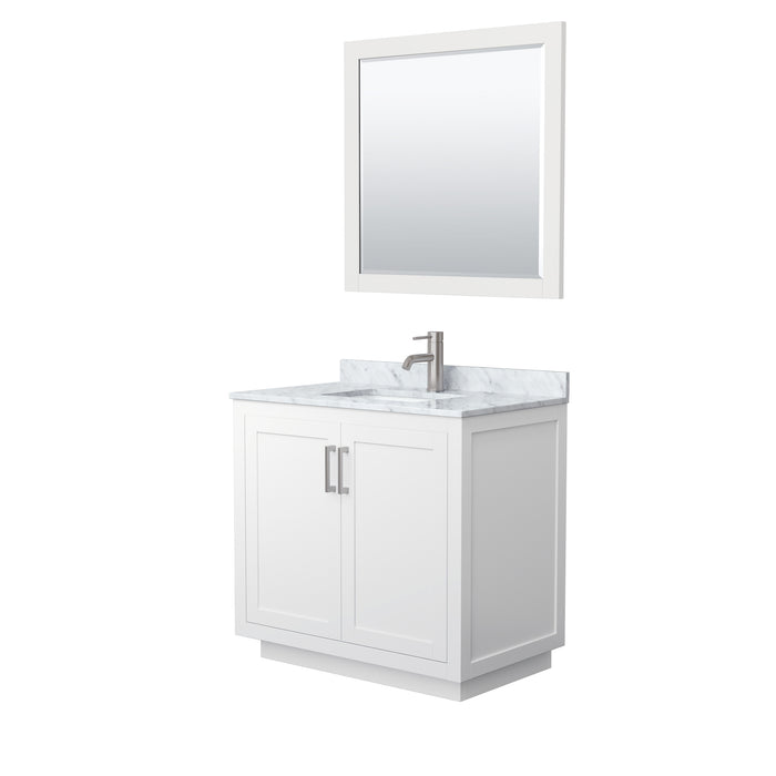 Wyndham Collection Miranda 36 Inch Single Bathroom Vanity in White, White Carrara Marble Countertop, Undermount Square Sink