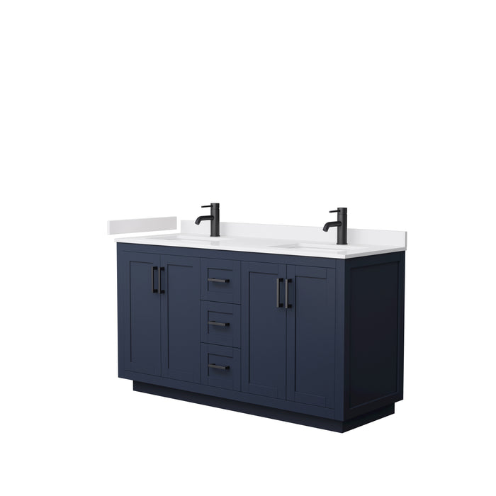 Wyndham Collection Miranda 60 Inch Double Bathroom Vanity in Dark Blue, White Cultured Marble Countertop, Undermount Square Sinks