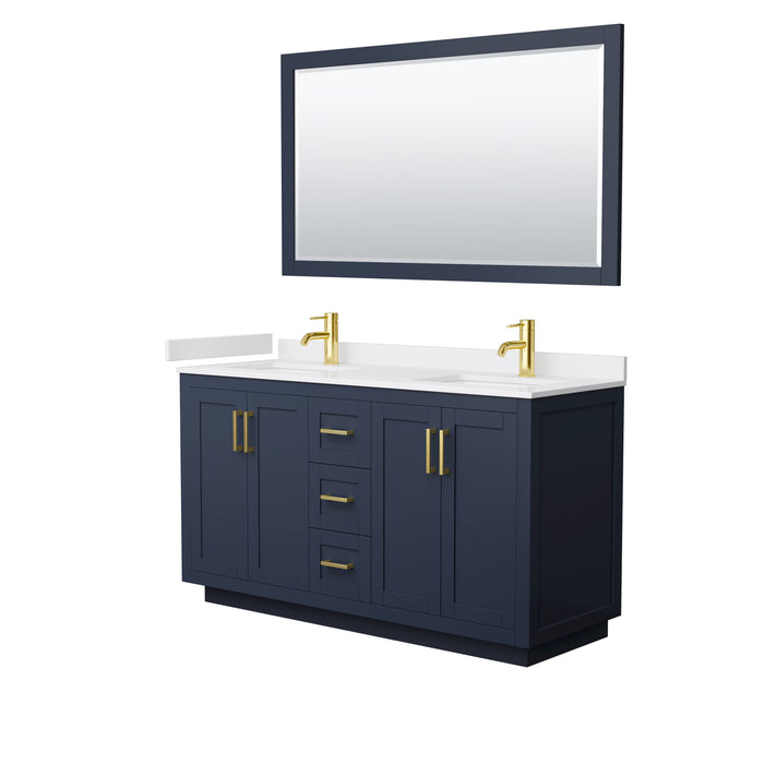 Wyndham Collection Miranda 60 Inch Double Bathroom Vanity in Dark Blue, White Cultured Marble Countertop, Undermount Square Sinks