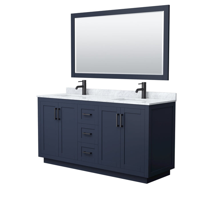 Wyndham Collection Miranda 66 Inch Double Bathroom Vanity in Dark Blue, White Carrara Marble Countertop, Undermount Square Sinks