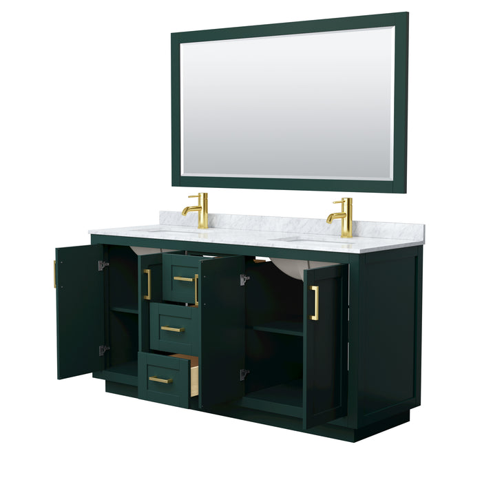 Wyndham Collection Miranda 66 Inch Double Bathroom Vanity in Green, White Carrara Marble Countertop, Undermount Square Sinks