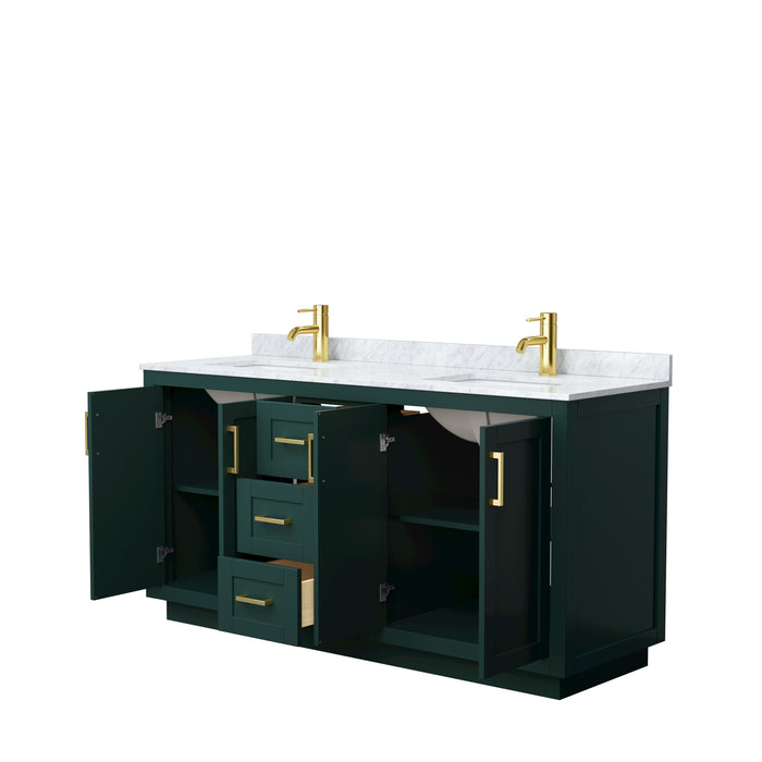 Wyndham Collection Miranda 66 Inch Double Bathroom Vanity in Green, White Carrara Marble Countertop, Undermount Square Sinks