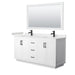 Wyndham Collection Miranda 66 Inch Double Bathroom Vanity in White, Carrara Cultured Marble Countertop, Undermount Square Sinks