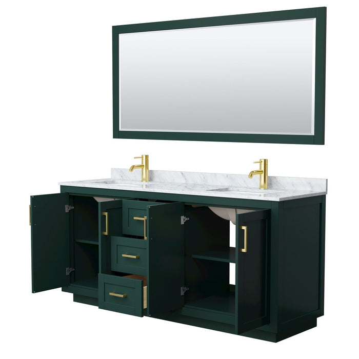 Wyndham Collection Miranda 72 Inch Double Bathroom Vanity in Green, White Carrara Marble Countertop, Undermount Square Sinks