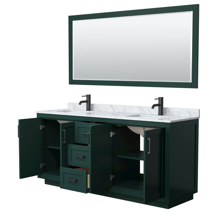 Wyndham Collection Miranda 72 Inch Double Bathroom Vanity in Green, White Carrara Marble Countertop, Undermount Square Sinks