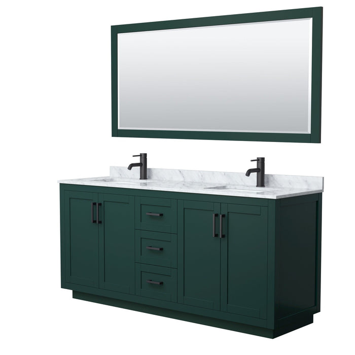 Wyndham Collection Miranda 72 Inch Double Bathroom Vanity in Green, White Carrara Marble Countertop, Undermount Square Sinks