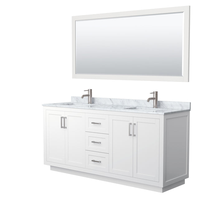 Wyndham Collection Miranda 72 Inch Double Bathroom Vanity in White, White Carrara Marble Countertop, Undermount Square Sinks