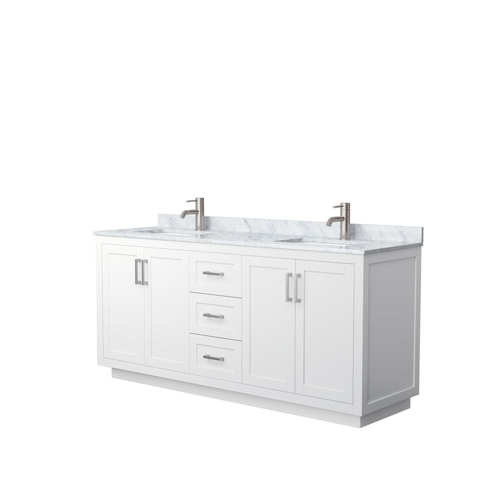 Wyndham Collection Miranda 72 Inch Double Bathroom Vanity in White, White Carrara Marble Countertop, Undermount Square Sinks