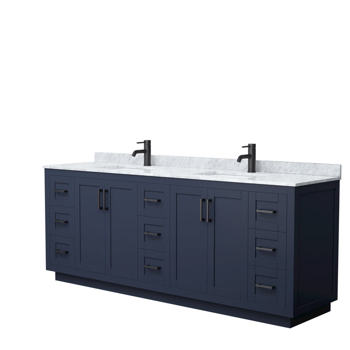 Wyndham Collection Miranda 84 Inch Double Bathroom Vanity in Dark Blue, White Carrara Marble Countertop, Undermount Square Sinks