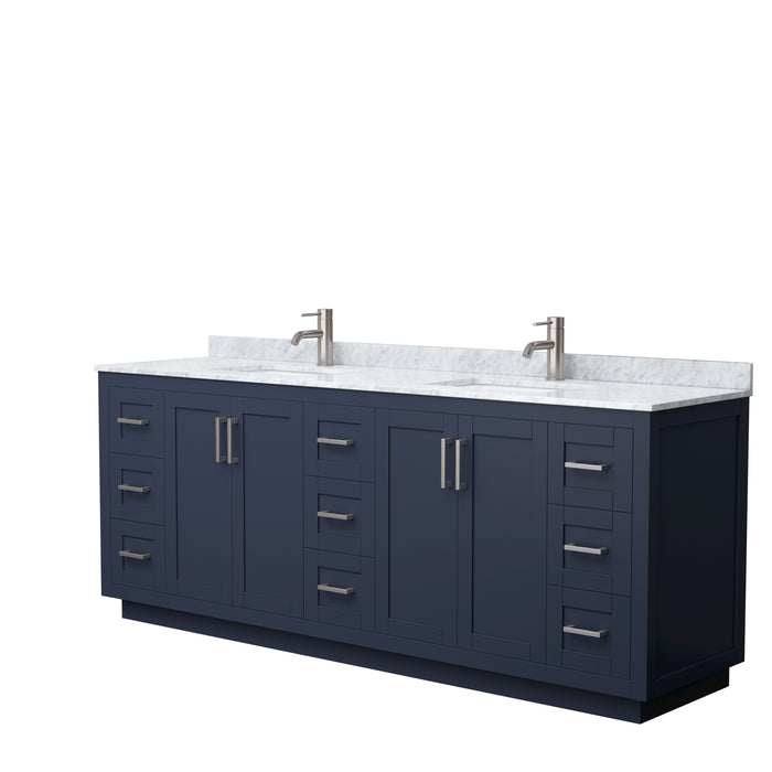 Wyndham Collection Miranda 84 Inch Double Bathroom Vanity in Dark Blue, White Carrara Marble Countertop, Undermount Square Sinks