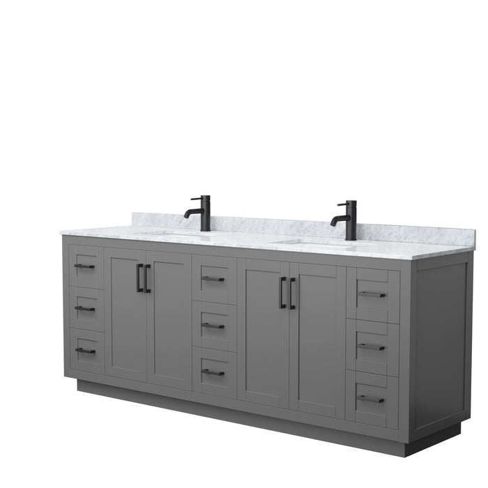 Wyndham Collection Miranda 84 Inch Double Bathroom Vanity in Dark Gray, White Carrara Marble Countertop, Undermount Square Sinks