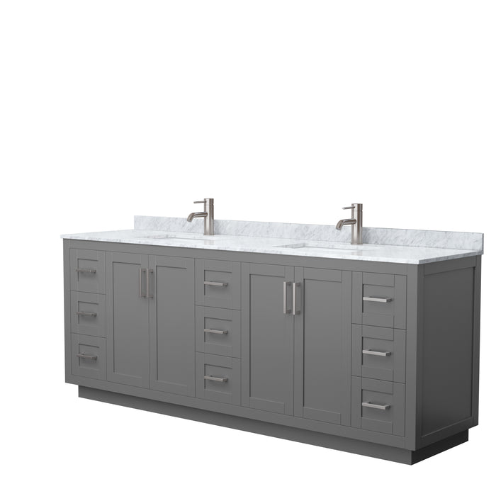 Wyndham Collection Miranda 84 Inch Double Bathroom Vanity in Dark Gray, White Carrara Marble Countertop, Undermount Square Sinks