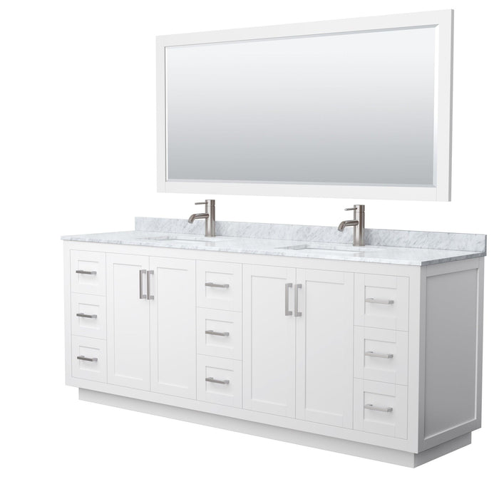 Wyndham Collection Miranda 84 Inch Double Bathroom Vanity in White, White Carrara Marble Countertop, Undermount Square Sinks