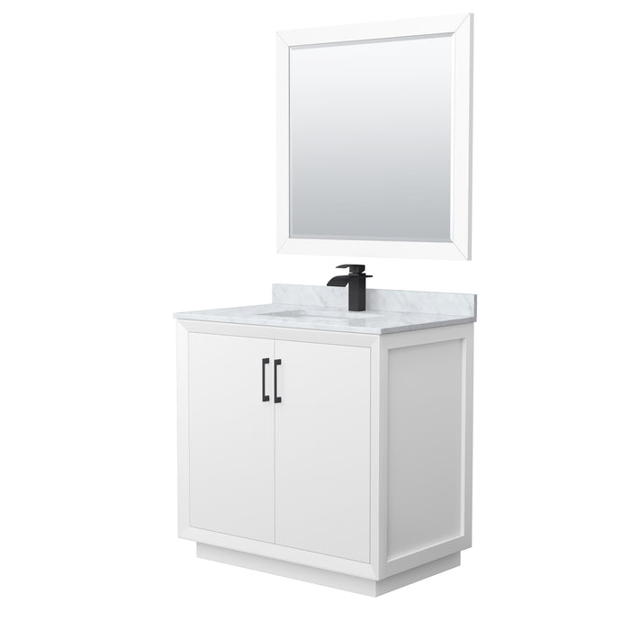 Wyndham Collection Strada 36 Inch Single Bathroom Vanity in White, White Carrara Marble Countertop, Undermount Square Sink