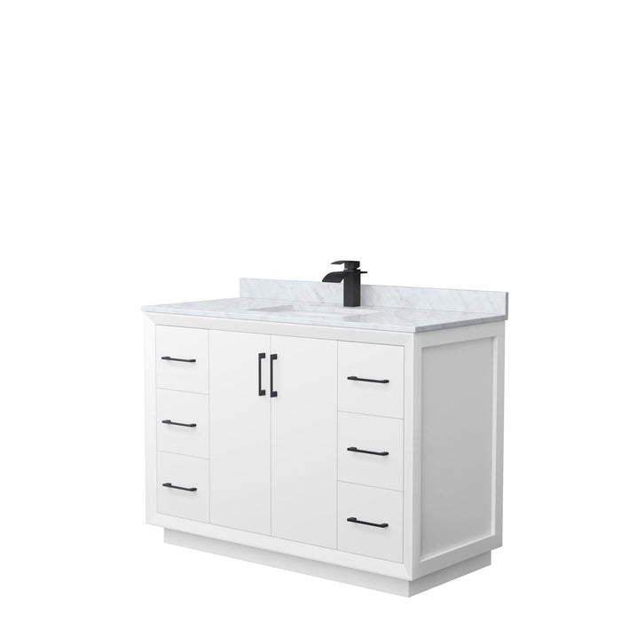 Wyndham Collection Strada 48 Inch Single Bathroom Vanity in White, White Carrara Marble Countertop, Undermount Square Sink