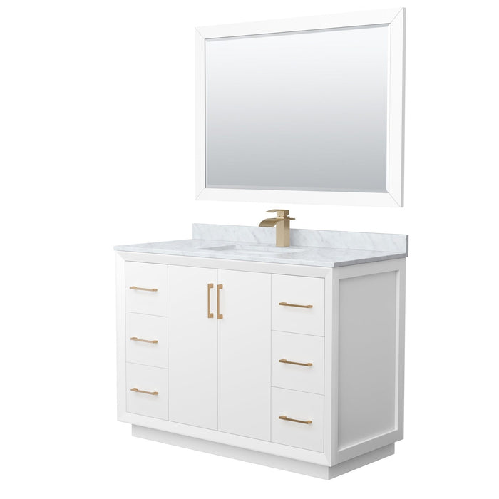 Wyndham Collection Strada 48 Inch Single Bathroom Vanity in White, White Carrara Marble Countertop, Undermount Square Sink