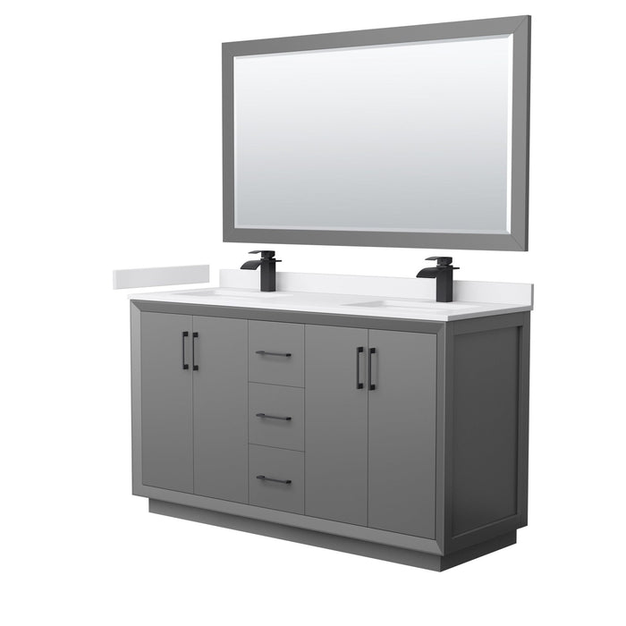 Wyndham Collection Strada 60 Inch Double Bathroom Vanity in Dark Gray, White Cultured Marble Countertop, Undermount Square Sink