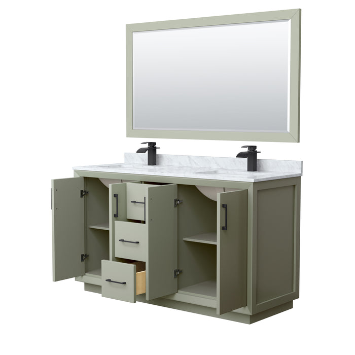 Wyndham Collection Strada 60 Inch Double Bathroom Vanity in Light Green, White Carrara Marble Countertop, Undermount Square Sinks