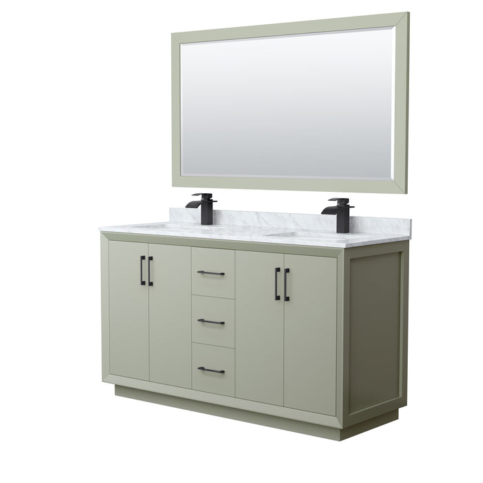 Wyndham Collection Strada 60 Inch Double Bathroom Vanity in Light Green, White Carrara Marble Countertop, Undermount Square Sinks