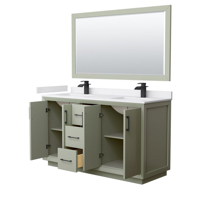 Wyndham Collection Strada 60 Inch Double Bathroom Vanity in Light Green, White Cultured Marble Countertop, Undermount Square Sinks