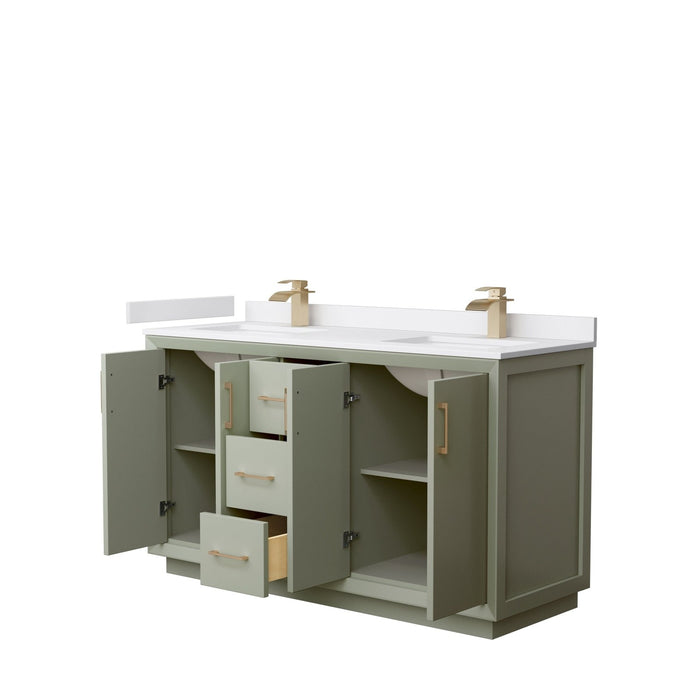 Wyndham Collection Strada 60 Inch Double Bathroom Vanity in Light Green, White Cultured Marble Countertop, Undermount Square Sinks