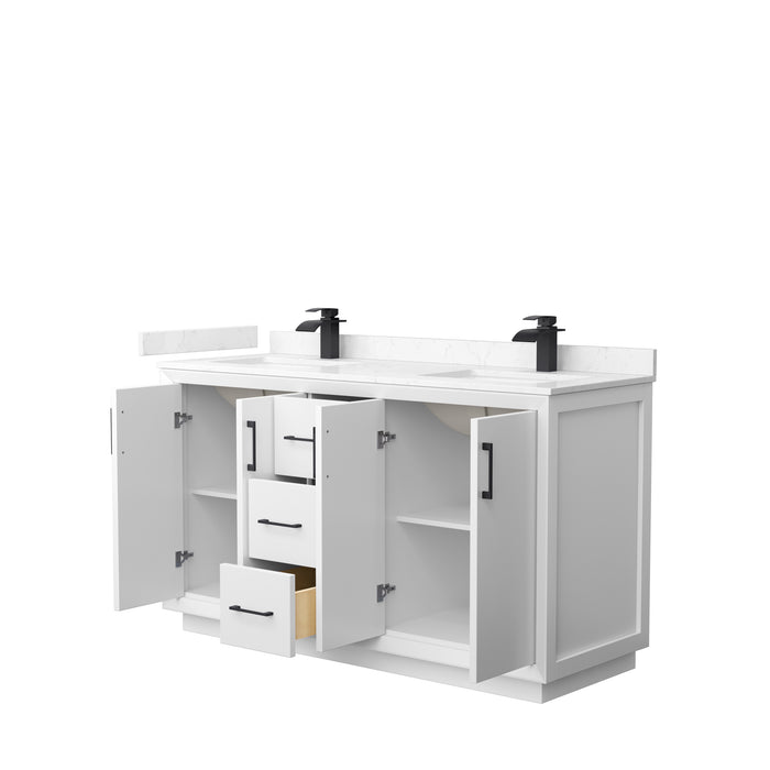 Wyndham Collection Strada 60 Inch Double Bathroom Vanity in White, Carrara Cultured Marble Countertop, Undermount Square Sink