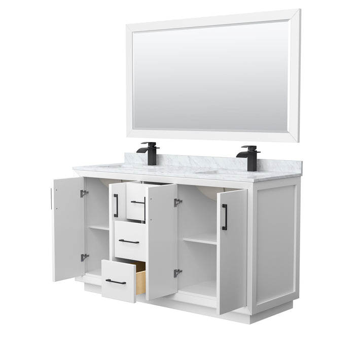 Wyndham Collection Strada 60 Inch Double Bathroom Vanity in White, White Carrara Marble Countertop, Undermount Square Sink