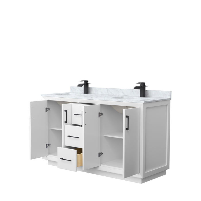 Wyndham Collection Strada 60 Inch Double Bathroom Vanity in White, White Carrara Marble Countertop, Undermount Square Sink