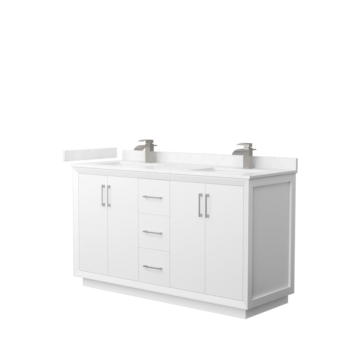 Wyndham Collection Strada 60 Inch Double Bathroom Vanity in White, Carrara Cultured Marble Countertop, Undermount Square Sink