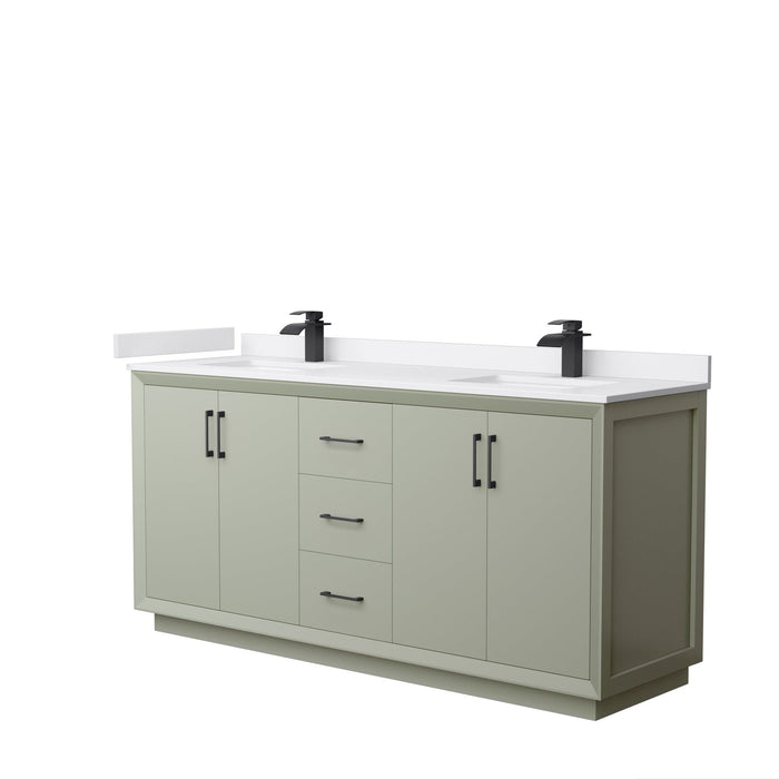 Wyndham Collection Strada 72 Inch Double Bathroom Vanity in Light Green, White Cultured Marble Countertop, Undermount Square Sinks
