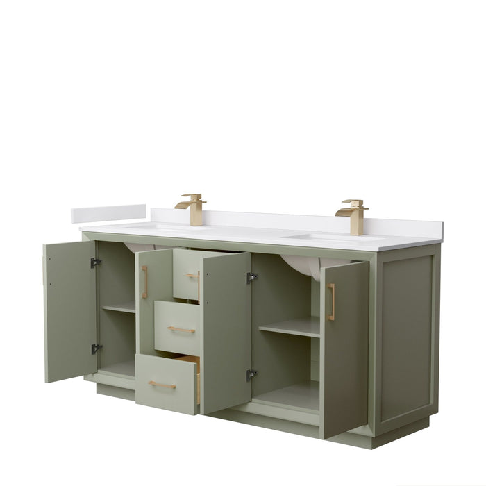 Wyndham Collection Strada 72 Inch Double Bathroom Vanity in Light Green, White Cultured Marble Countertop, Undermount Square Sinks