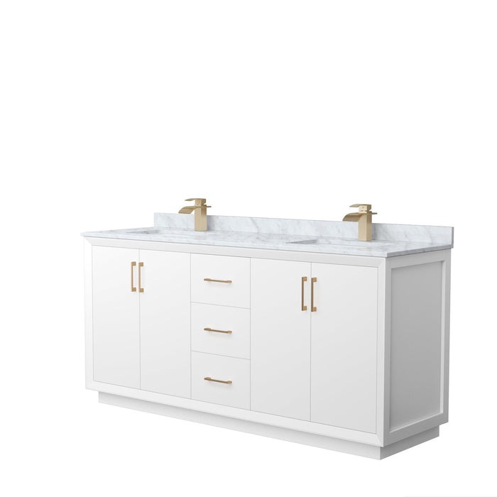 Wyndham Collection Strada 72 Inch Double Bathroom Vanity in White, White Carrara Marble Countertop, Undermount Square Sink